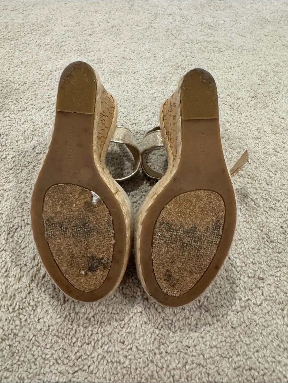 ANTONIO MELANI Gold Linen T-Strap Platform Wedges